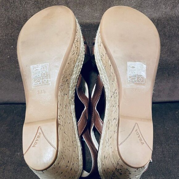 PRADA Vitello Shine Leather and Cork Espadrille Wedge Sandals Brown 37.5 EU 7.5 - Picture 2 of 9
